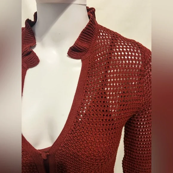 Joie Xs Red Knit Crochet Cardigan Sweater Dress Bohemian Y2K Festival Beach - Picture 3 of 10